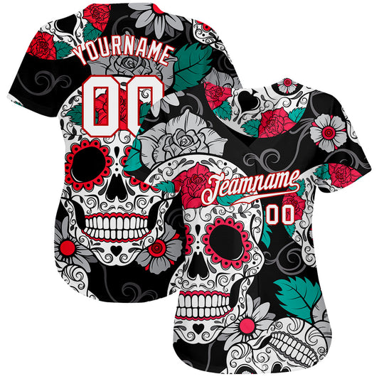 Custom Black White-Red 3D Skull Fashion Authentic Baseball Jersey - Sky-Custom