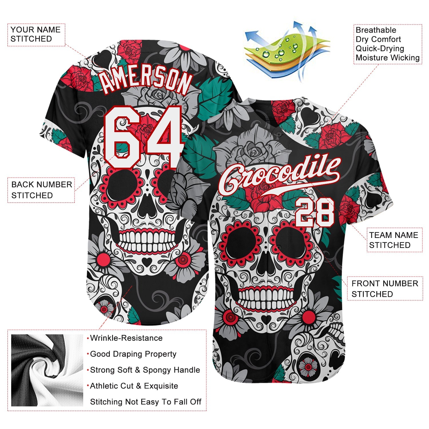 Custom Black White-Red 3D Skull Fashion Authentic Baseball Jersey - Sky-Custom