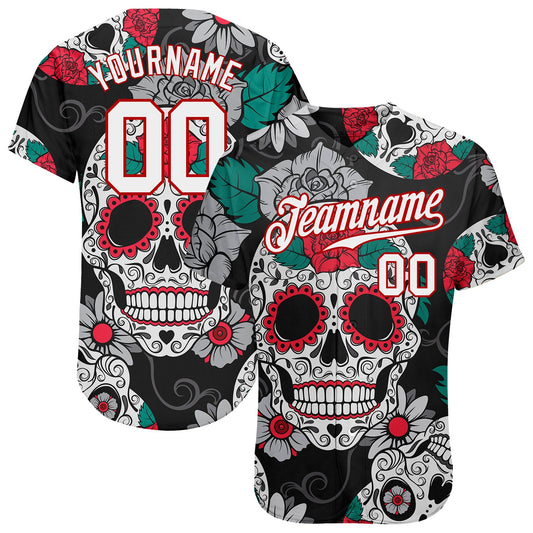 Custom Black White-Red 3D Skull Fashion Authentic Baseball Jersey - Sky-Custom