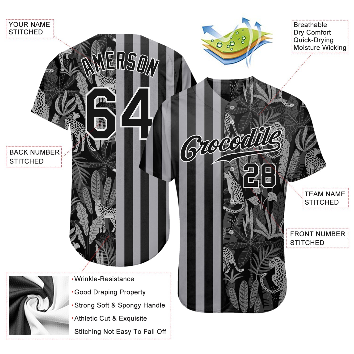 Custom Black Black-Gray 3D Pattern Design Leopards And Tropical Leaves Authentic Baseball Jersey - Sky-Custom