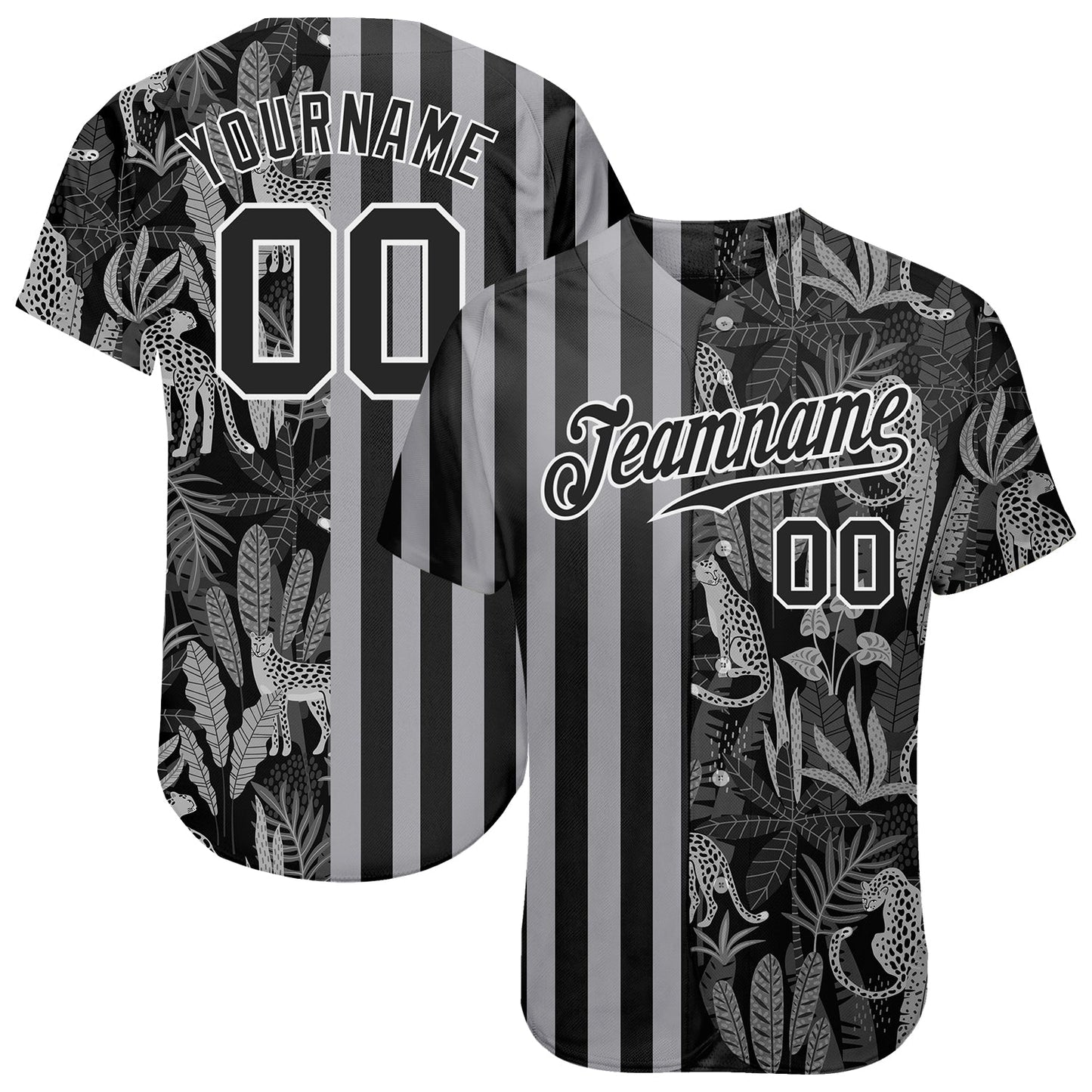 Custom Black Black-Gray 3D Pattern Design Leopards And Tropical Leaves Authentic Baseball Jersey - Sky-Custom