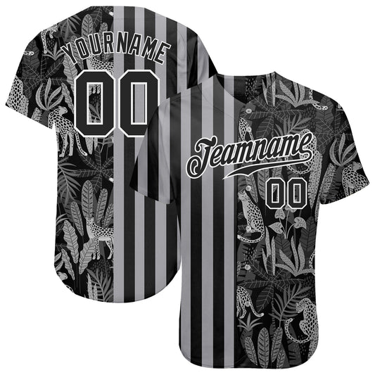 Custom Black Black-Gray 3D Pattern Design Leopards And Tropical Leaves Authentic Baseball Jersey - Sky-Custom