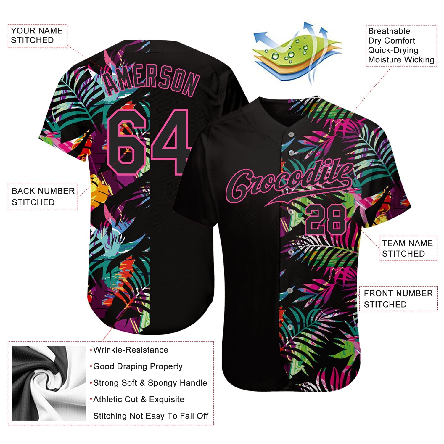Custom Black Black-Pink 3D Pattern Design Tropical Palm Palm Leaves Authentic Baseball Jersey - Sky-Custom
