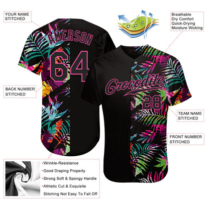Custom Black Black-Pink 3D Pattern Design Tropical Palm Palm Leaves Authentic Baseball Jersey - Sky-Custom