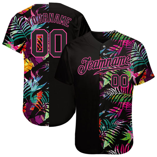 Custom Black Black-Pink 3D Pattern Design Tropical Palm Palm Leaves Authentic Baseball Jersey - Sky-Custom