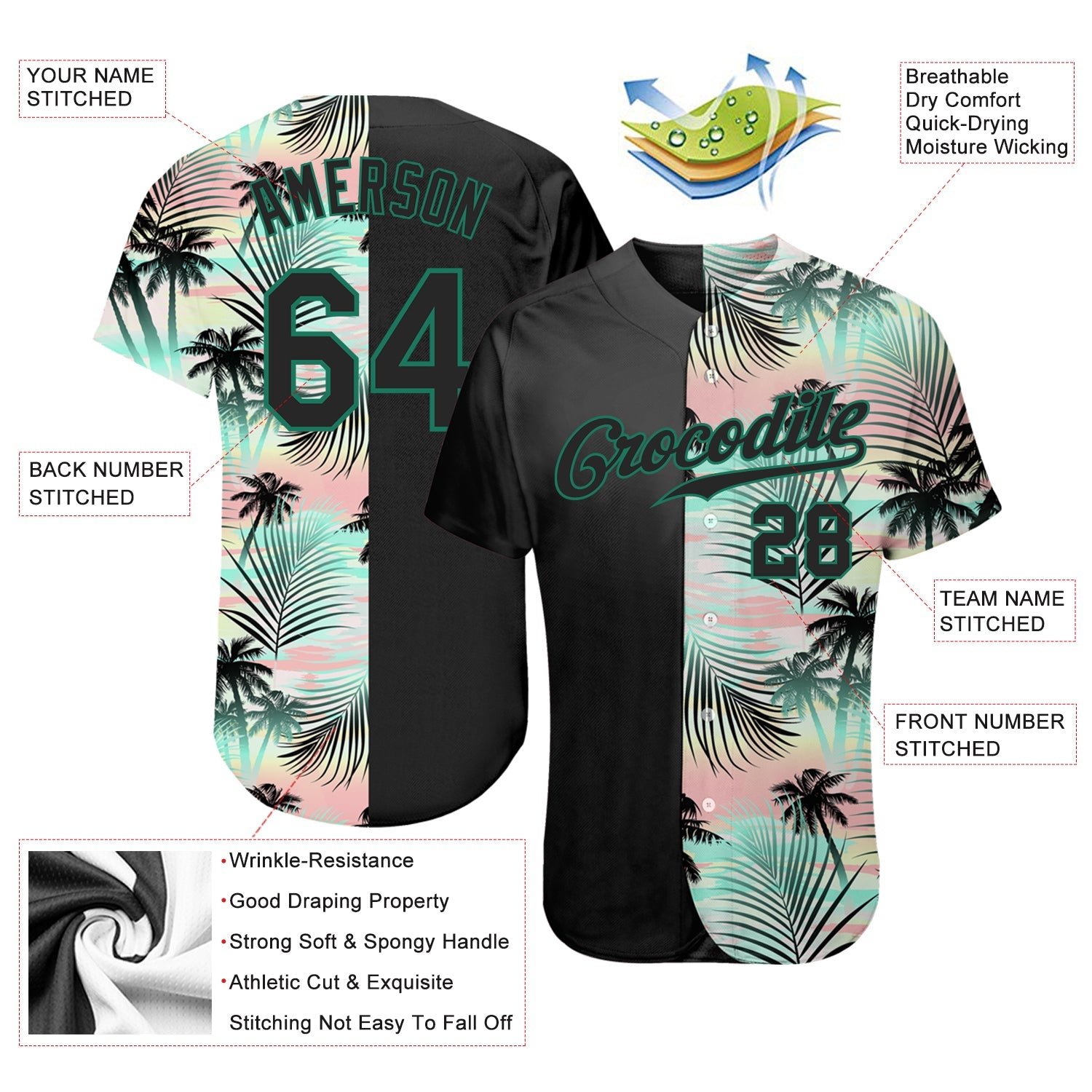 Custom Black Black-Kelly Green 3D Pattern Design Tropical Palm Leaves Authentic Baseball Jersey - Sky-Custom