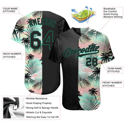 Custom Black Black-Kelly Green 3D Pattern Design Tropical Palm Leaves Authentic Baseball Jersey - Sky-Custom