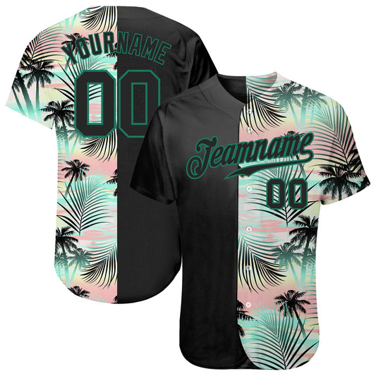 Custom Black Black-Kelly Green 3D Pattern Design Tropical Palm Leaves Authentic Baseball Jersey - Sky-Custom