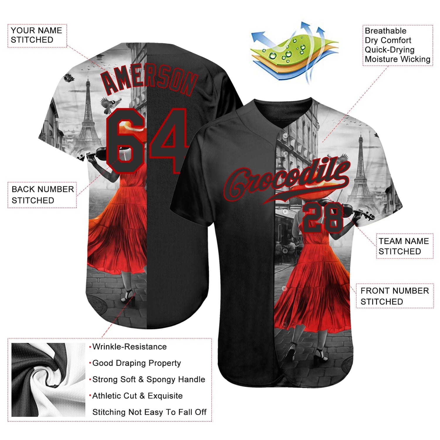 Custom Black Black-Red 3D Pattern Design A Girl With The Eiffel Tower Authentic Baseball Jersey - Sky-Custom