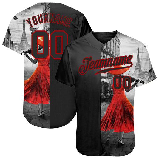 Custom Black Black-Red 3D Pattern Design A Girl With The Eiffel Tower Authentic Baseball Jersey - Sky-Custom