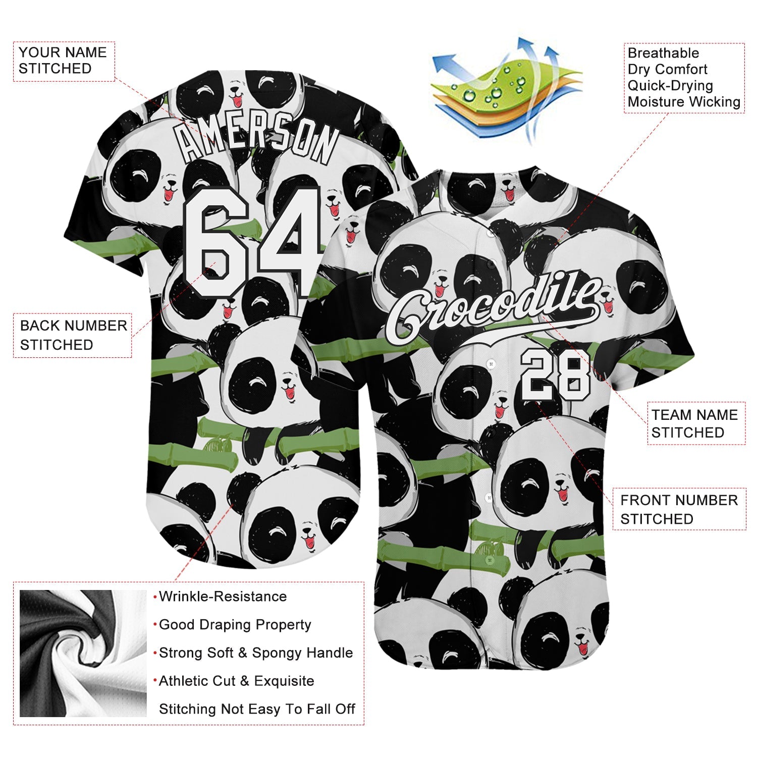 Custom Black White-Black 3D Pattern Design Pandas Authentic Baseball Jersey - Sky-Custom