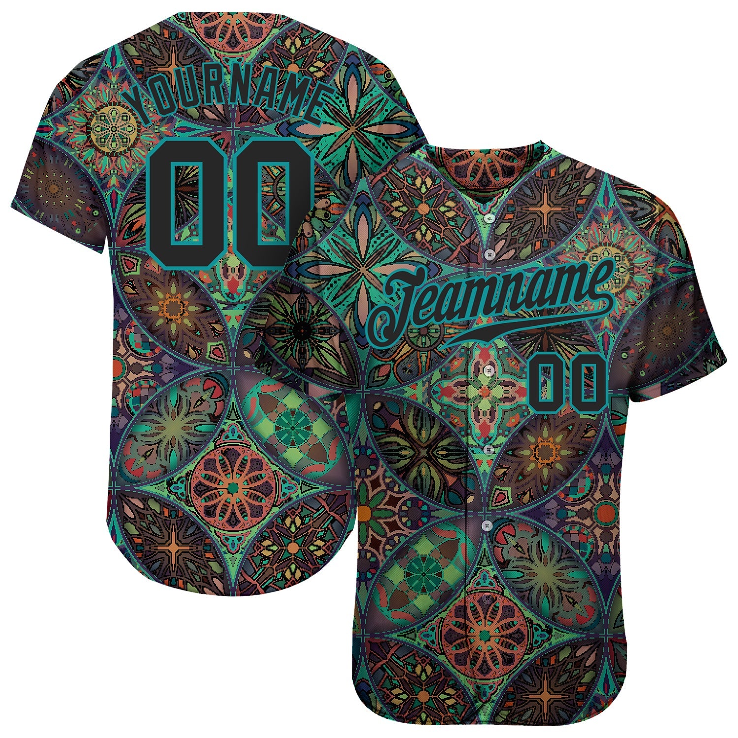Custom Black Black-Teal 3D Pattern Design Mandalas Authentic Baseball Jersey - Sky-Custom