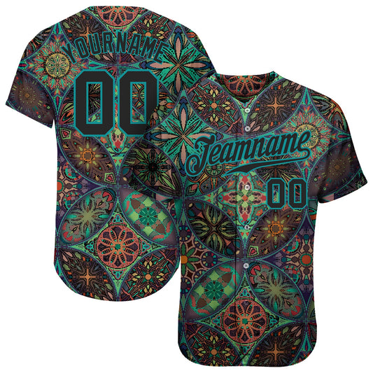 Custom Black Black-Teal 3D Pattern Design Mandalas Authentic Baseball Jersey - Sky-Custom