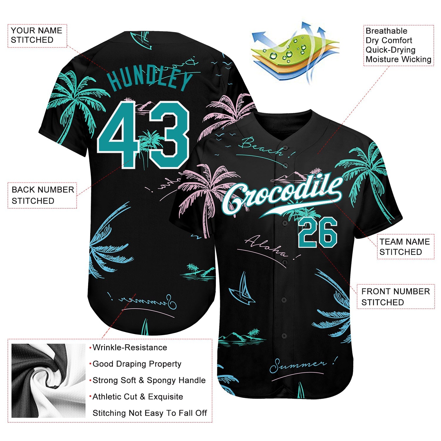Custom Black Teal-White 3D Pattern Design Hawaii Palm Trees Authentic Baseball Jersey - Sky-Custom