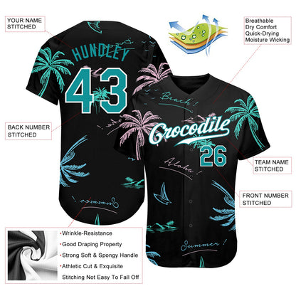 Custom Black Teal-White 3D Pattern Design Hawaii Palm Trees Authentic Baseball Jersey - Sky-Custom