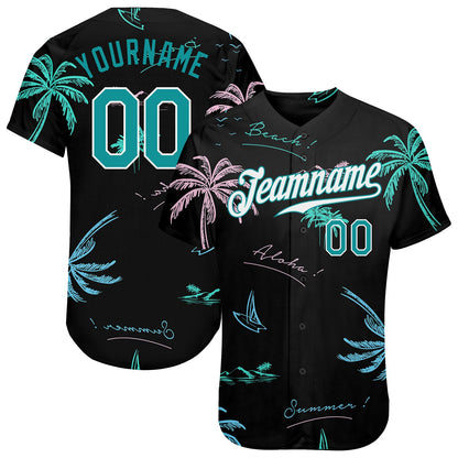 Custom Black Teal-White 3D Pattern Design Hawaii Palm Trees Authentic Baseball Jersey - Sky-Custom