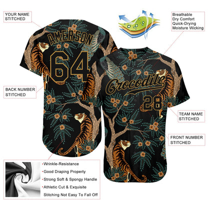 Custom Black Black-Old Gold 3D Pattern Design Tiger And Peacock Authentic Baseball Jersey - Sky-Custom