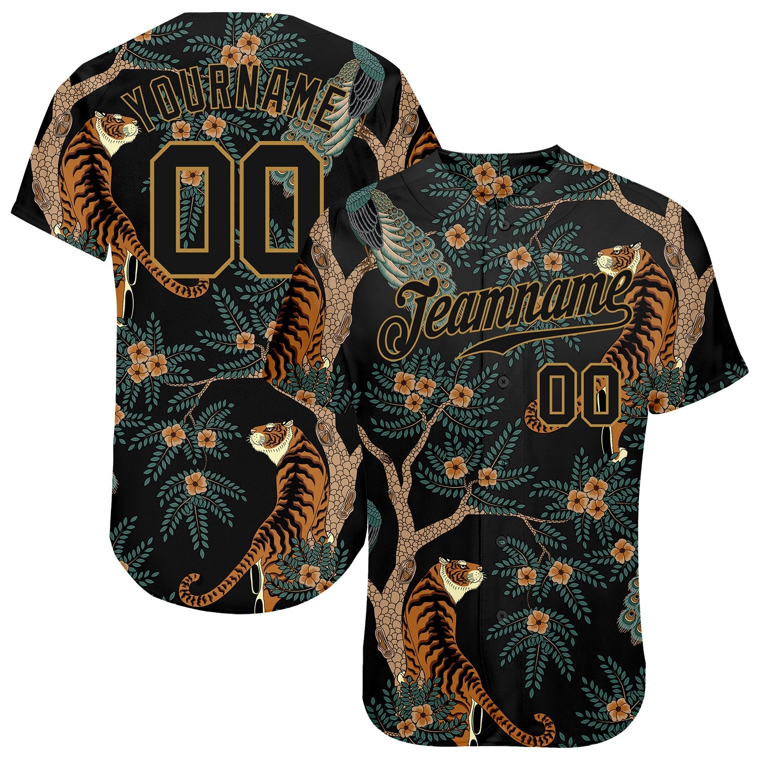 Custom Black Black-Old Gold 3D Pattern Design Tiger And Peacock Authentic Baseball Jersey - Sky-Custom