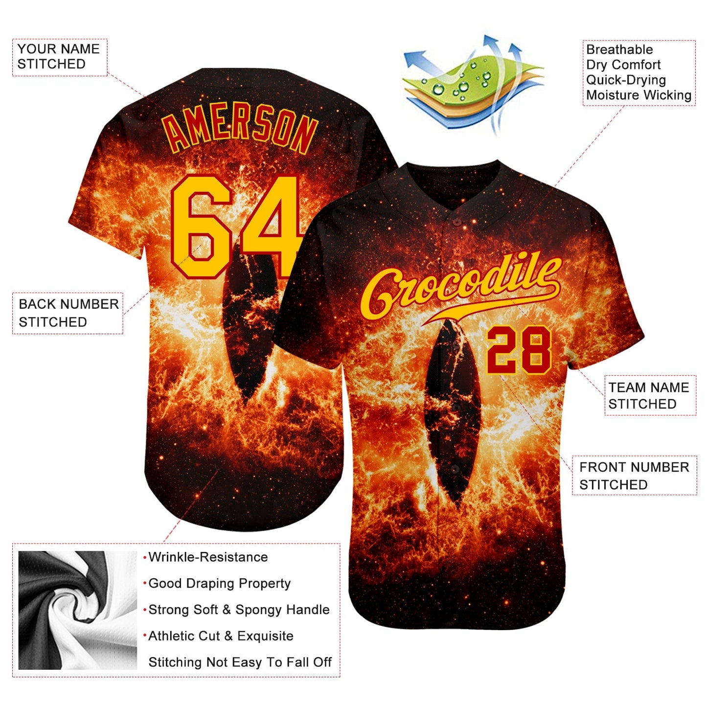 Custom Black Gold-Red 3D Pattern Design Burning Evil Eye In Space Authentic Baseball Jersey - Sky-Custom