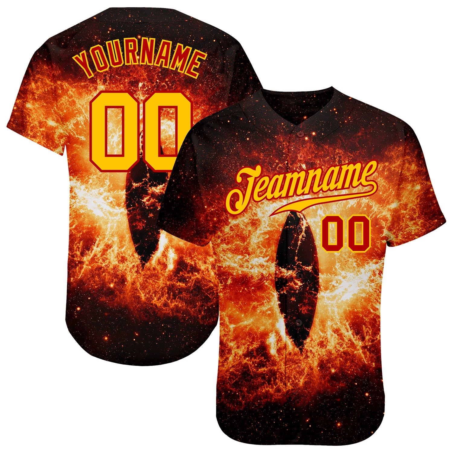 Custom Black Gold-Red 3D Pattern Design Burning Evil Eye In Space Authentic Baseball Jersey - Sky-Custom