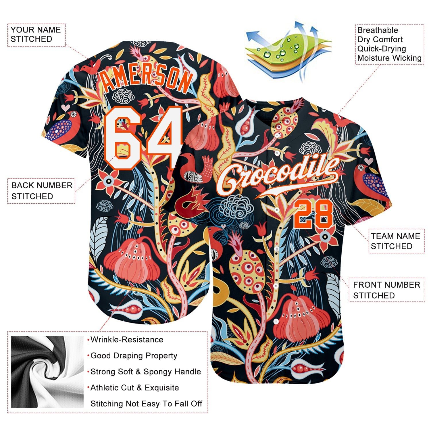 Custom Black White-Orange 3D Pattern Design Flowers Authentic Baseball Jersey - Sky-Custom