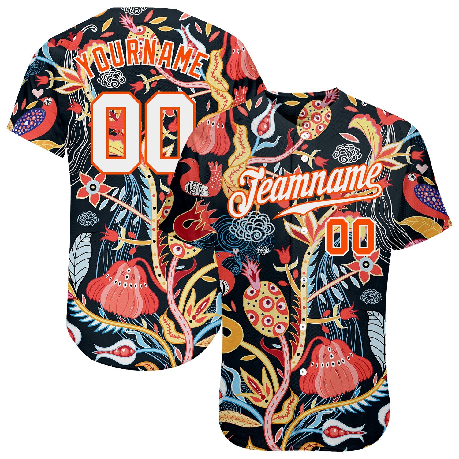 Custom Black White-Orange 3D Pattern Design Flowers Authentic Baseball Jersey - Sky-Custom