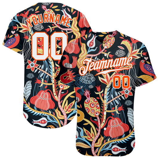 Custom Black White-Orange 3D Pattern Design Flowers Authentic Baseball Jersey - Sky-Custom