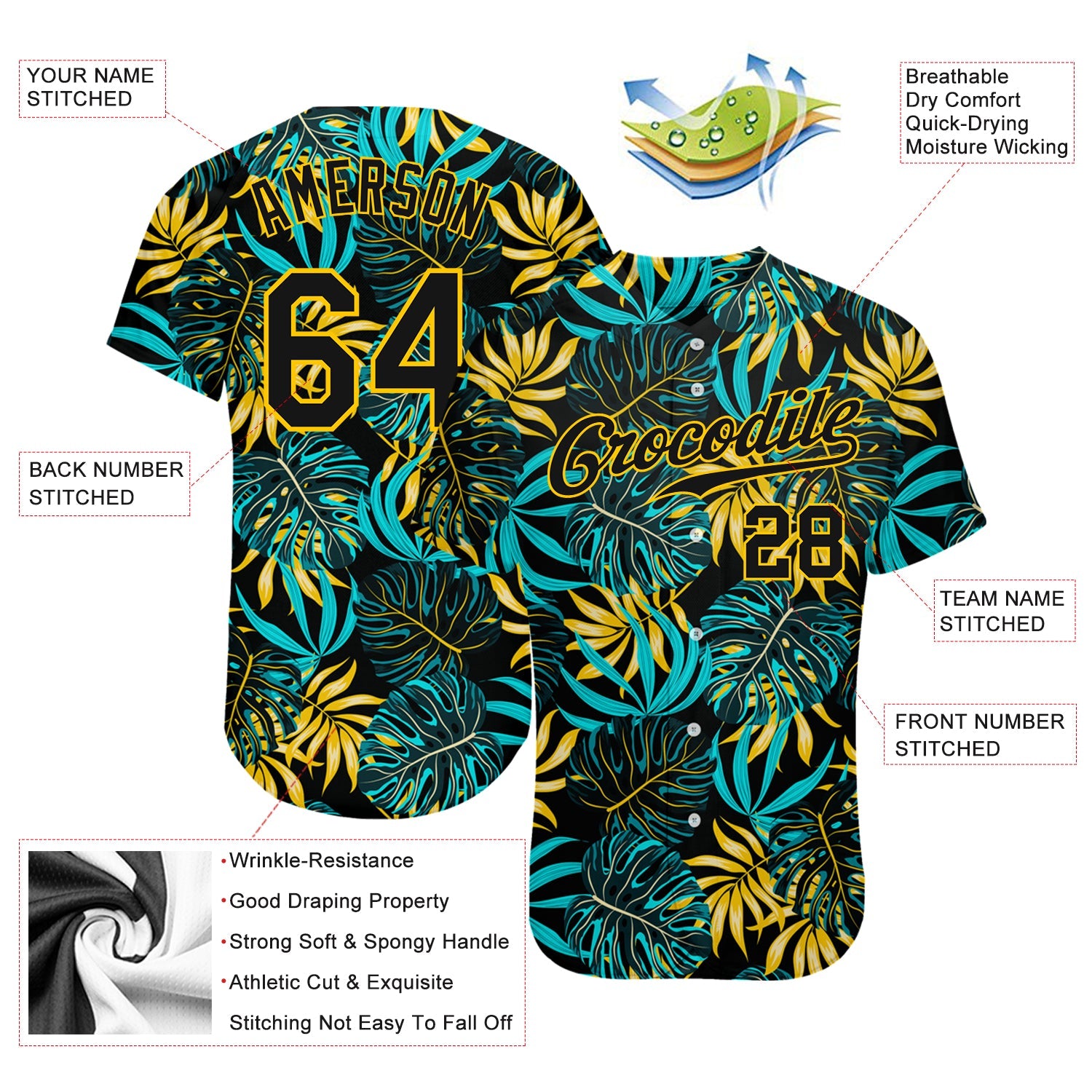 Custom Black Black-Gold 3D Pattern Design Tropical Palm Leaves Authentic Baseball Jersey - Sky-Custom