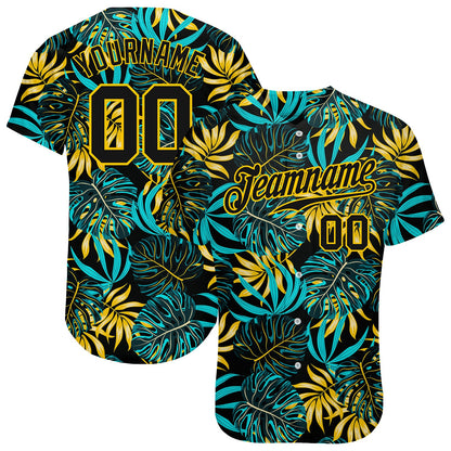 Custom Black Black-Gold 3D Pattern Design Tropical Palm Leaves Authentic Baseball Jersey - Sky-Custom