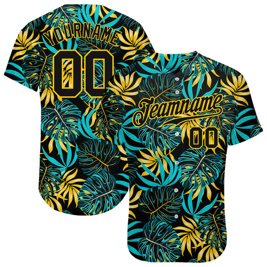 Custom Black Black-Gold 3D Pattern Design Tropical Palm Leaves Authentic Baseball Jersey - Sky-Custom