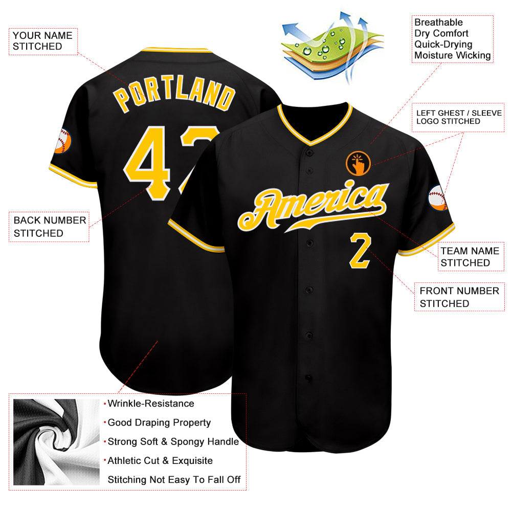 Custom Black Gold-White Authentic Baseball Jersey - Sky-Custom
