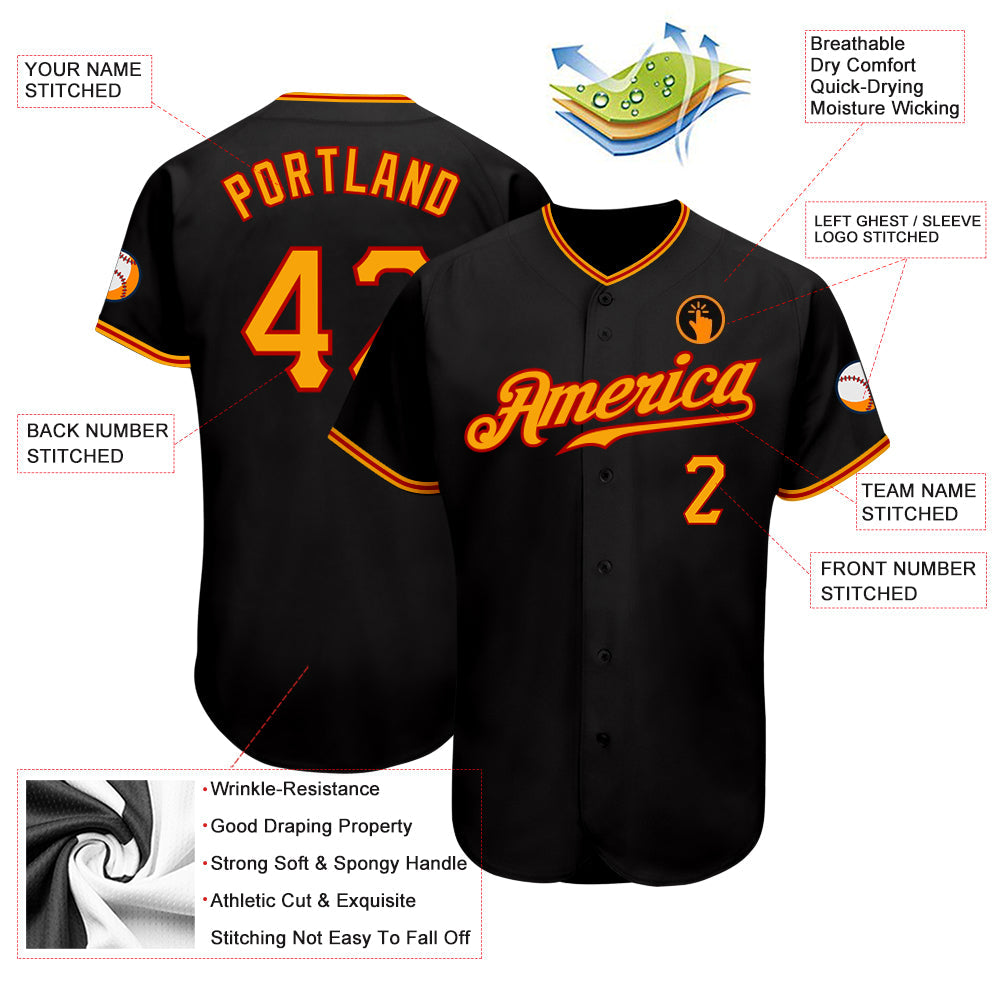 Custom Black Gold-Red Authentic Baseball Jersey - Sky-Custom
