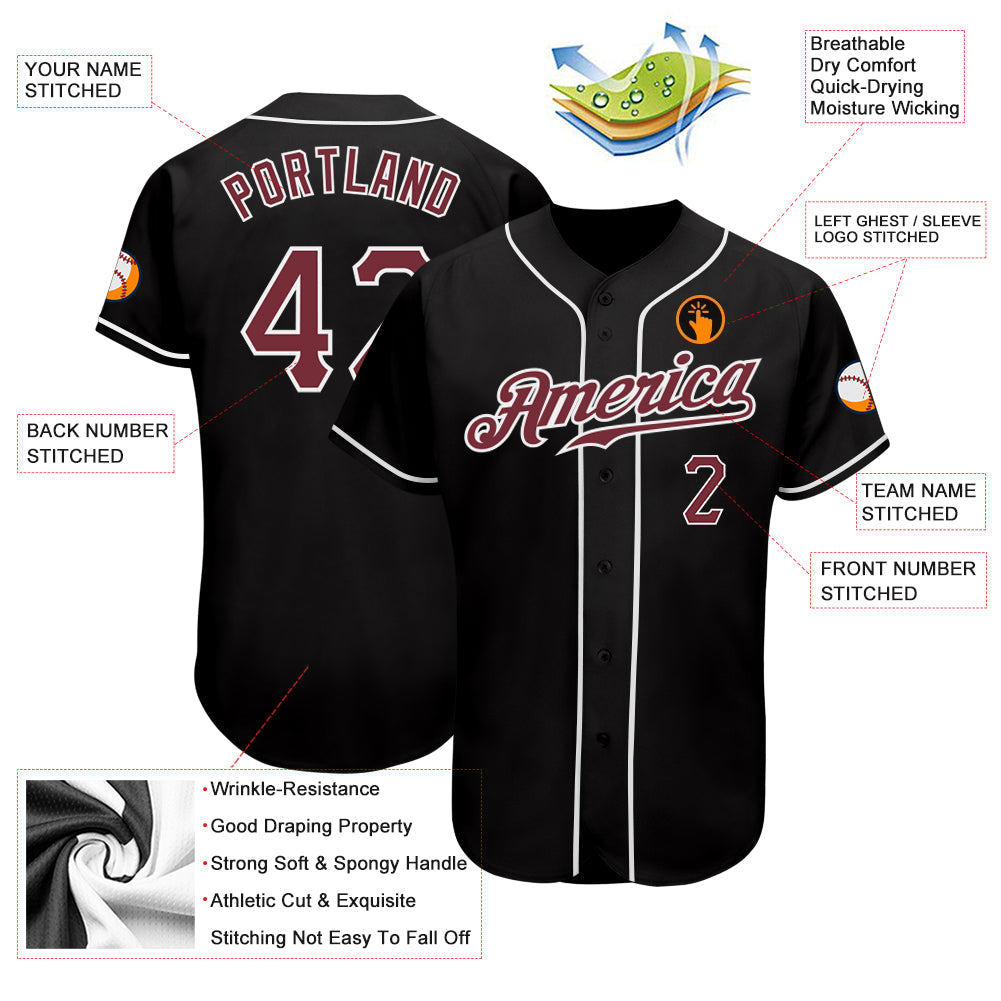 Custom Black Burgundy-White Authentic Baseball Jersey - Sky-Custom