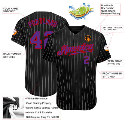 Custom Black Gray Pinstripe Purple-Red Authentic Baseball Jersey - Sky-Custom
