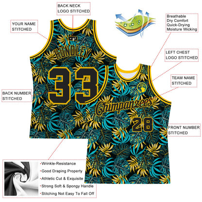 Custom Black Black-Gold 3D Pattern Tropical Hawaii Plants Authentic Basketball Jersey - Sky-Custom