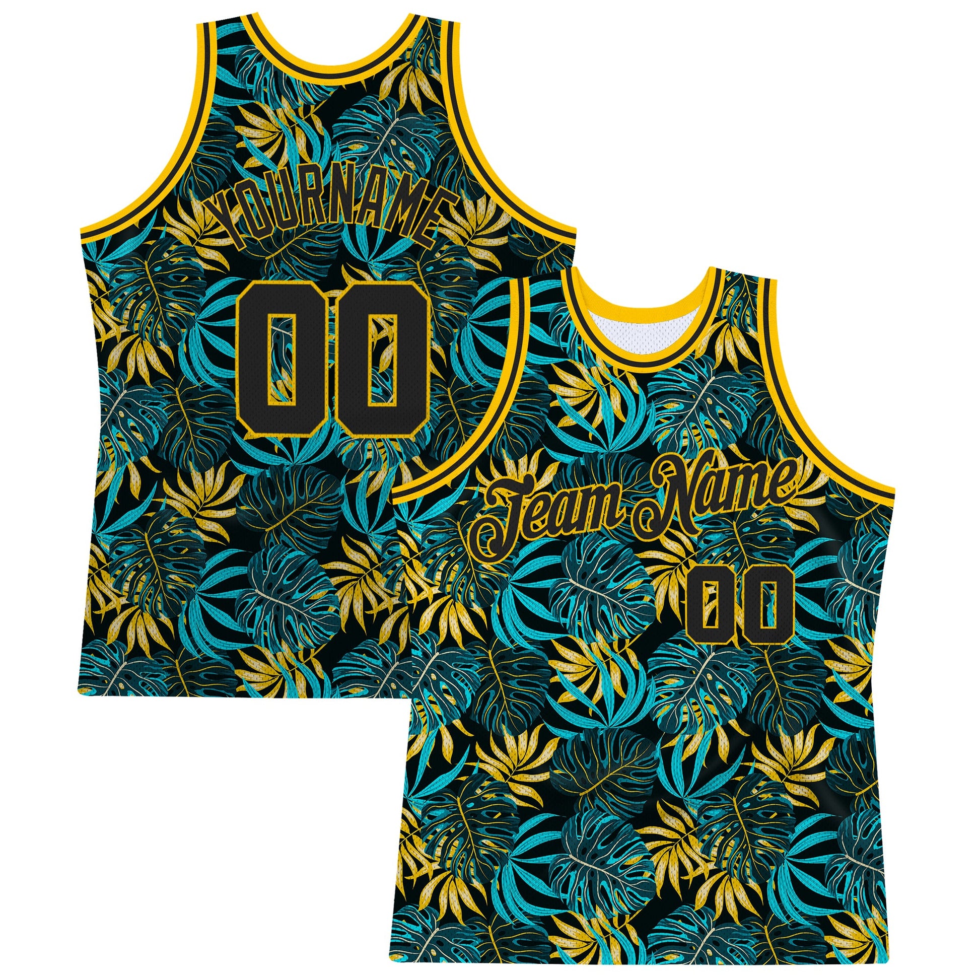 Custom Black Black-Gold 3D Pattern Tropical Hawaii Plants Authentic Basketball Jersey - Sky-Custom