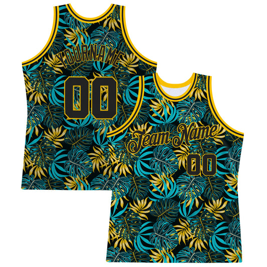 Custom Black Black-Gold 3D Pattern Tropical Hawaii Plants Authentic Basketball Jersey - Sky-Custom