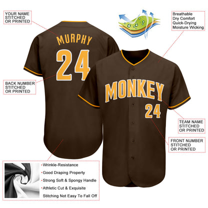 Custom Brown Gold-White Authentic Baseball Jersey - Sky-Custom