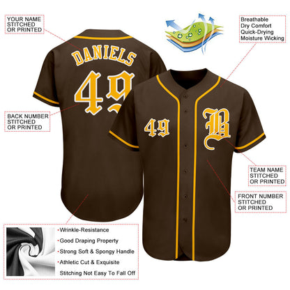 Custom Brown Gold-White Authentic Baseball Jersey - Sky-Custom