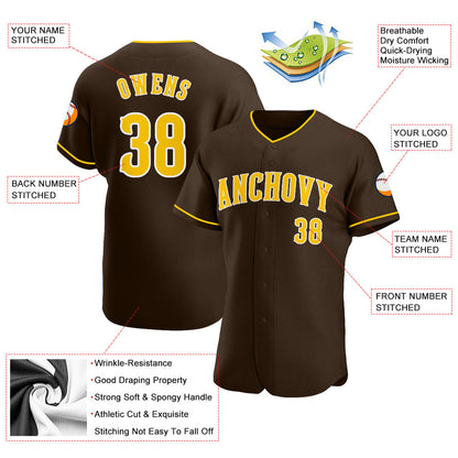 Custom Brown Gold-White Authentic Baseball Jersey - Sky-Custom