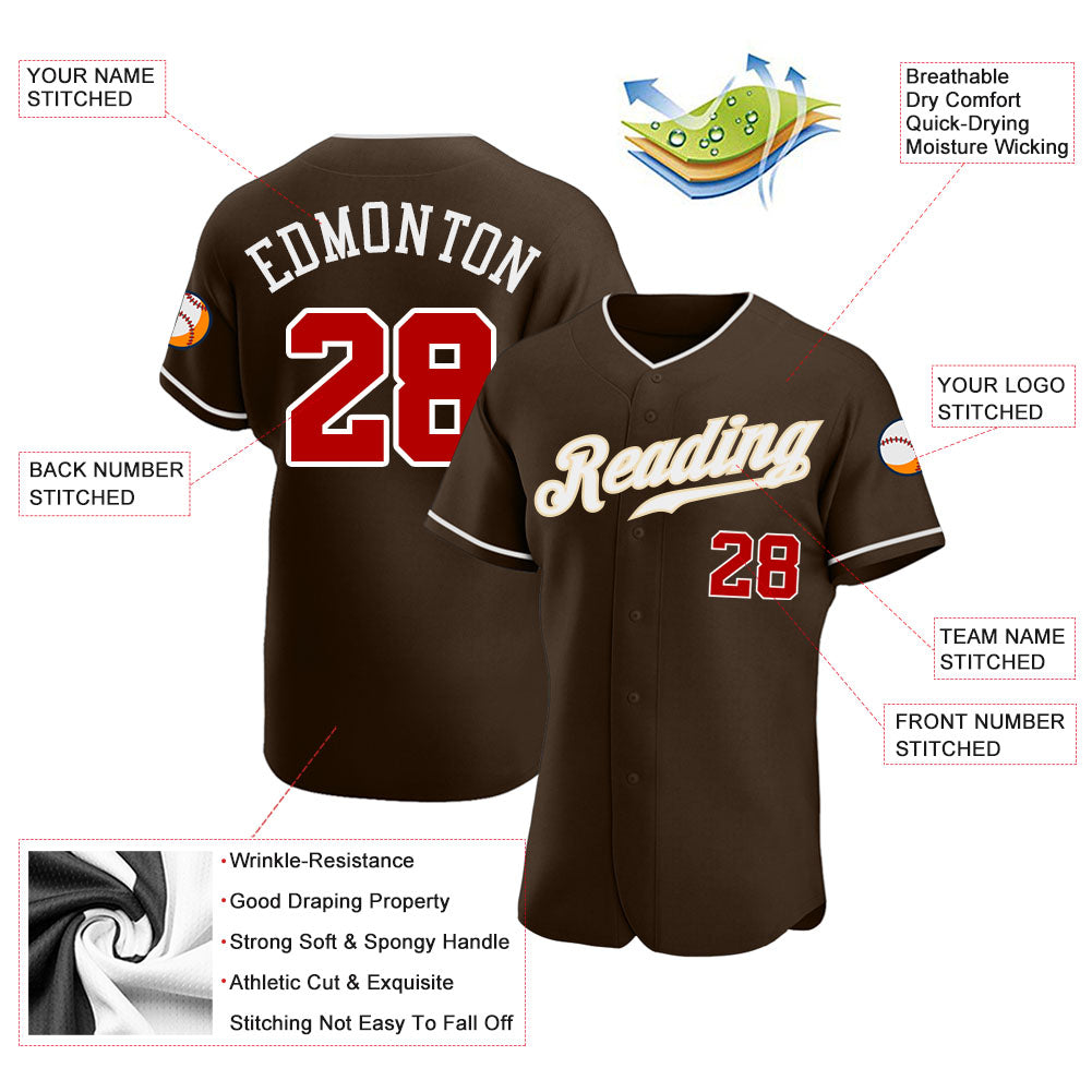 Custom Brown Red-White Authentic Baseball Jersey - Sky-Custom
