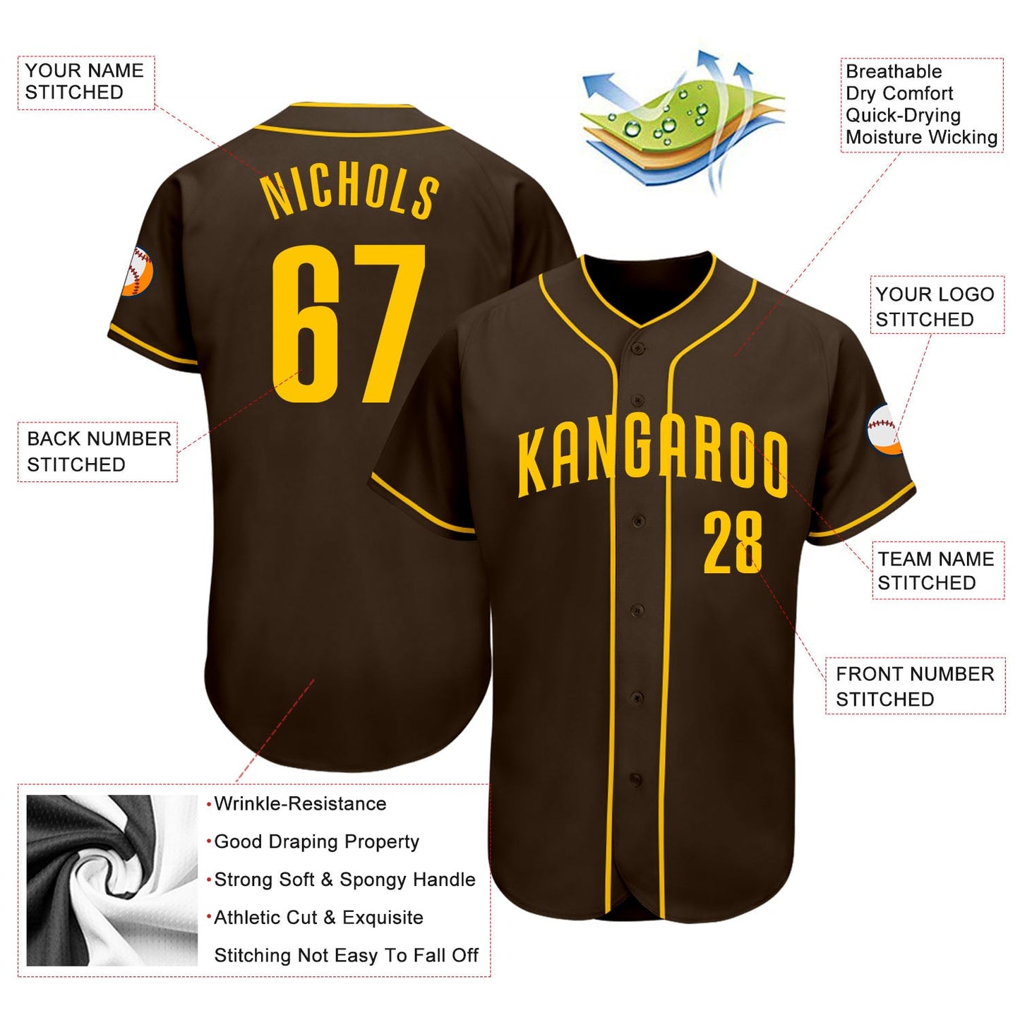 Custom Brown Gold Authentic Baseball Jersey - Sky-Custom