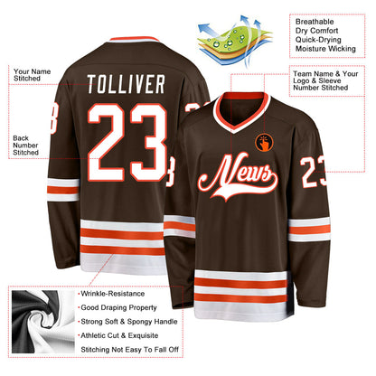 Custom Brown White-Orange Hockey Jersey - Sky-Custom