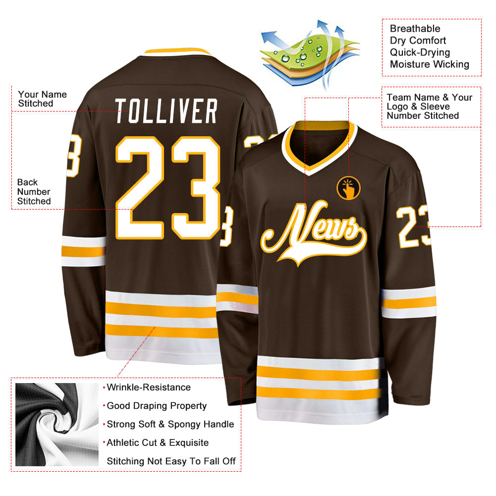 Custom Brown White-Gold Hockey Jersey - Sky-Custom