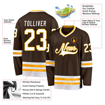 Custom Brown White-Gold Hockey Jersey - Sky-Custom