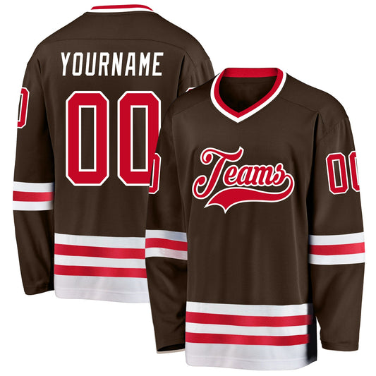 Custom Brown Red-White Hockey Jersey - Sky-Custom