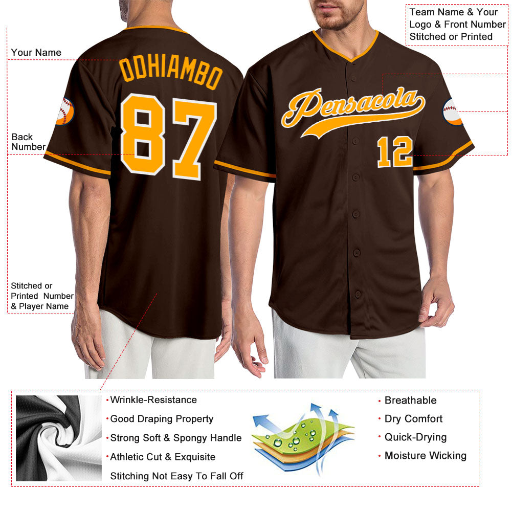 Custom Brown Gold-White Authentic Baseball Jersey - Sky-Custom