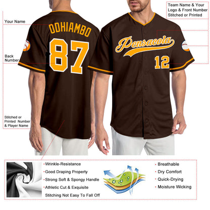 Custom Brown Gold-White Authentic Baseball Jersey - Sky-Custom