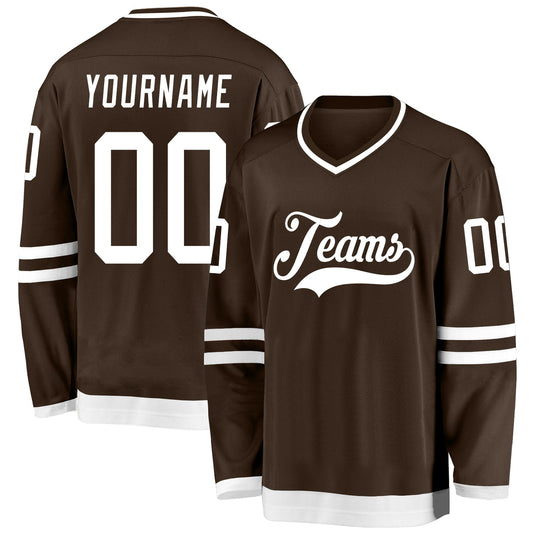Custom Brown White Hockey Jersey - Sky-Custom
