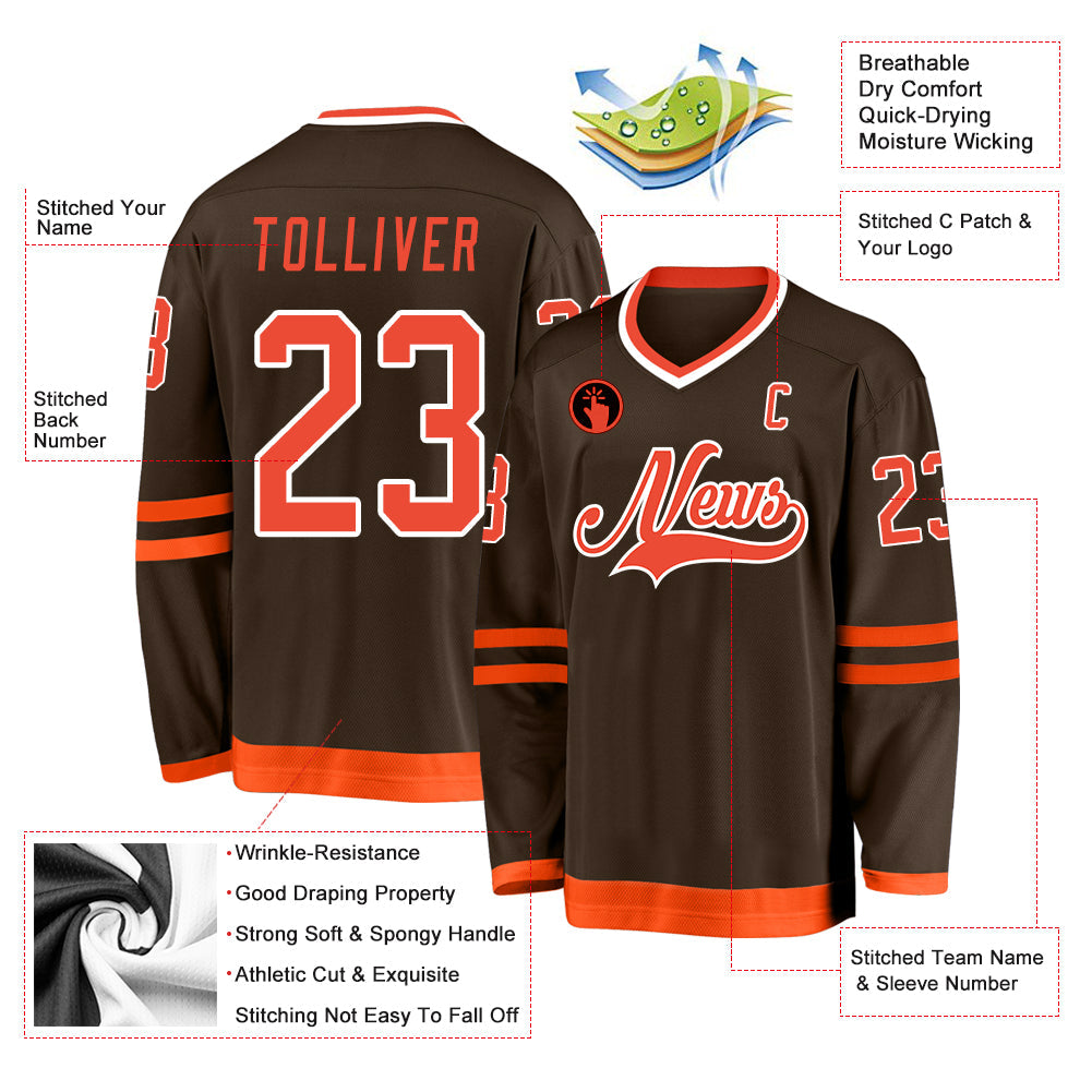 Custom Brown Orange-White Hockey Jersey - Sky-Custom